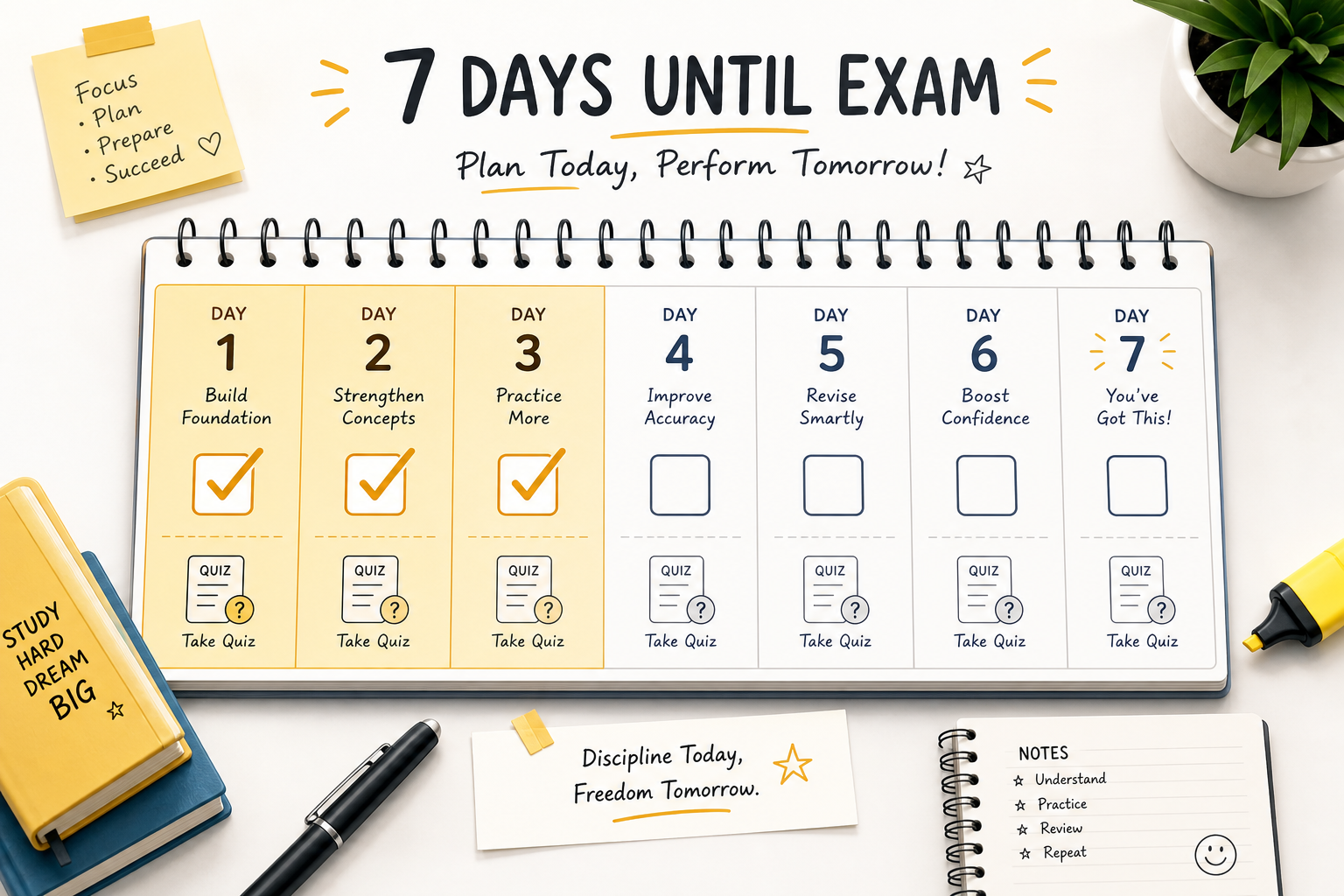 Seven-day exam countdown study calendar
