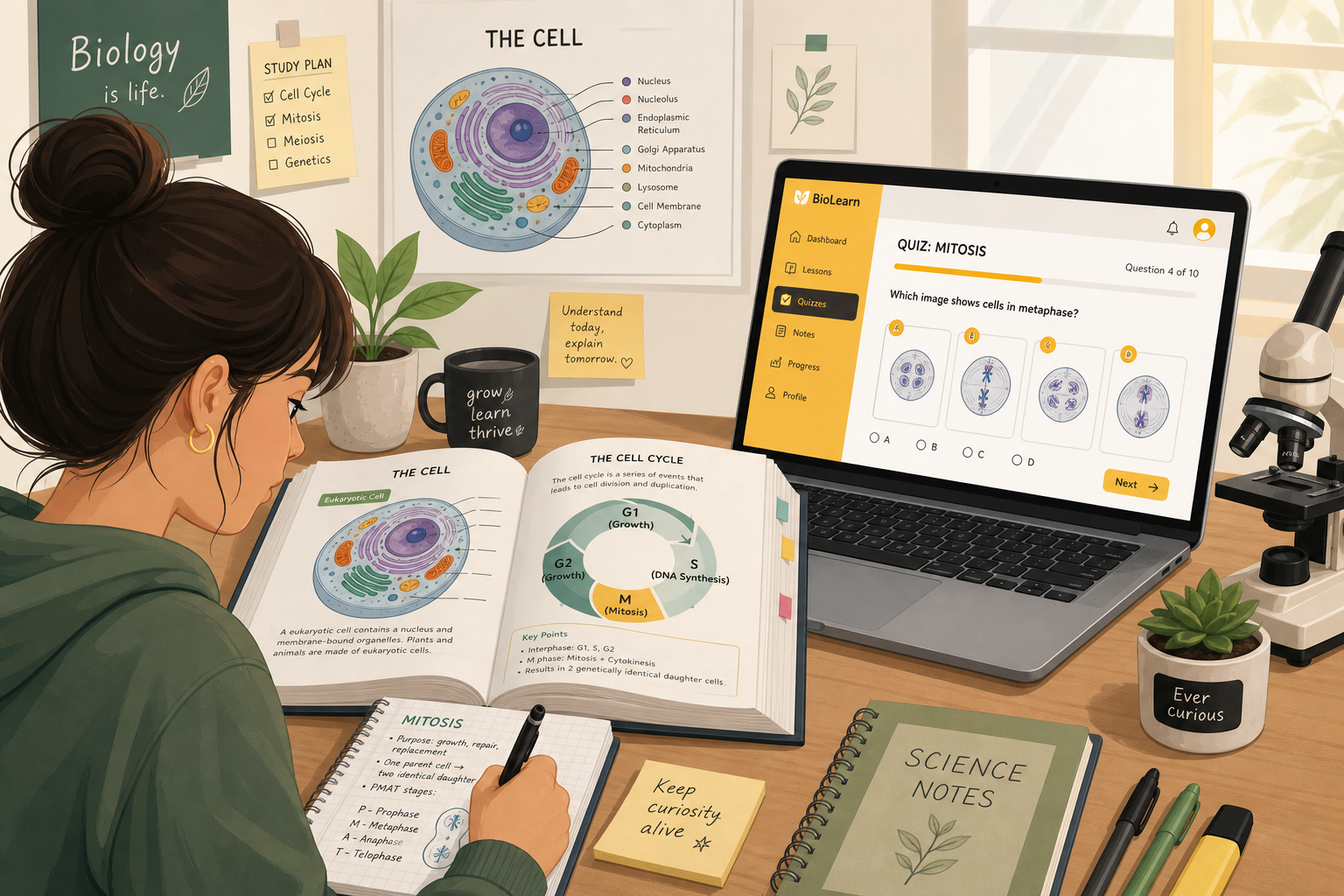 Biology textbook open with online quiz on screen