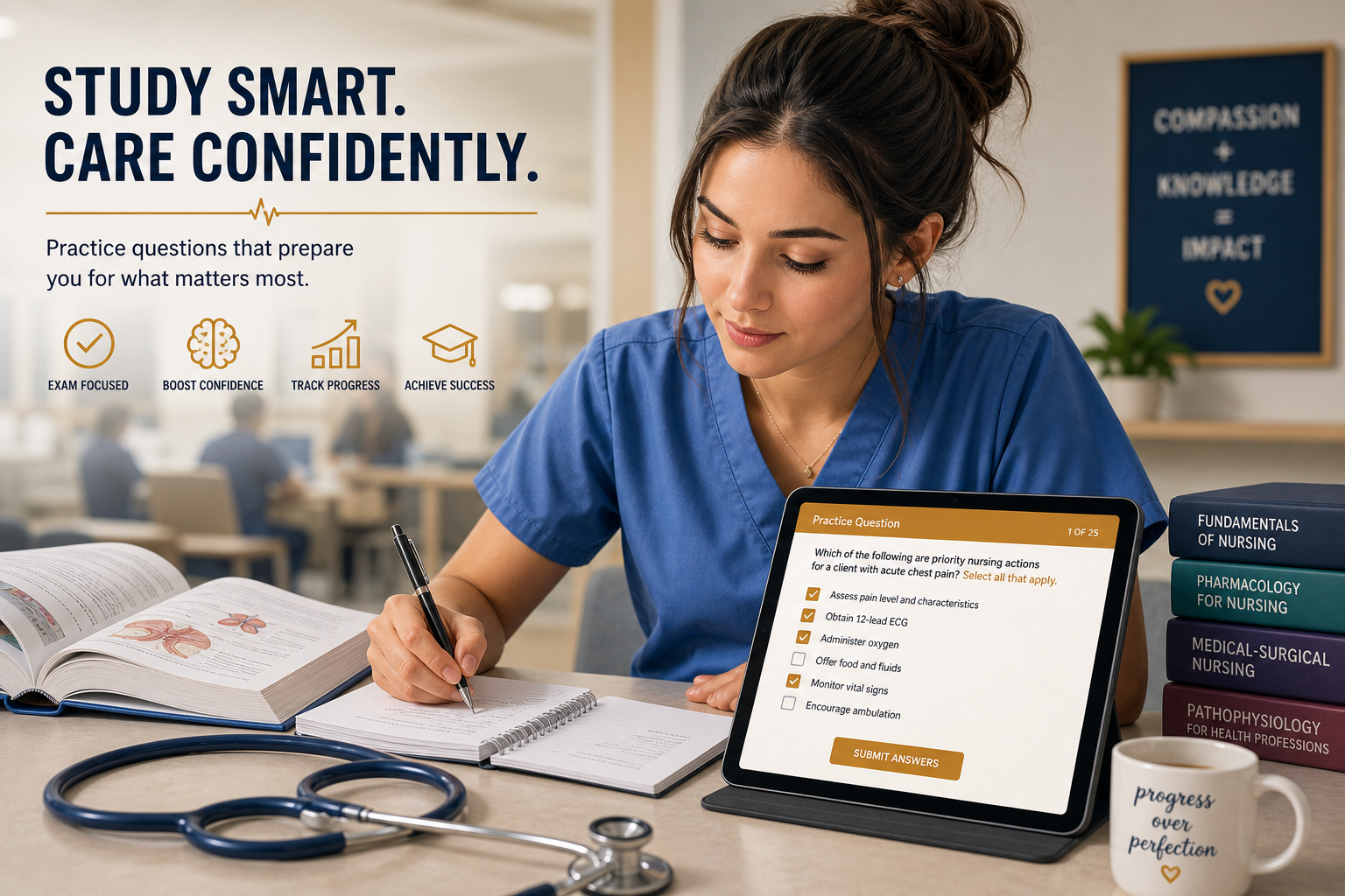 Nursing student studying with textbook and practice quiz